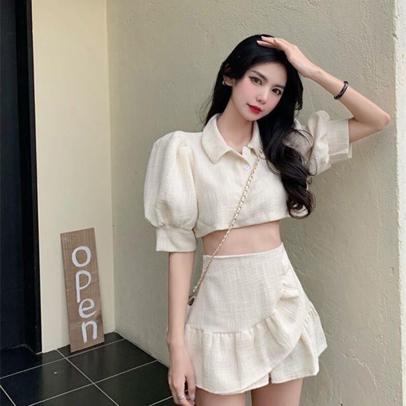 Red Salt can be sweet suit summer first love puff sleeve top ruffled skirt temperament small two-piece female