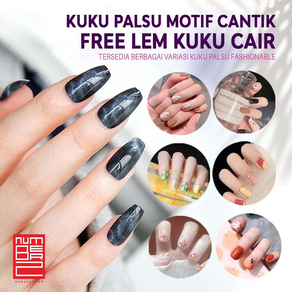 Kuku palsu isi 24 pcs fake nails yang cantik free lem tahan lama estetik aesthetic lucu warna gradasi hitam putih merah biru panjang pendek elegant elegan remaja