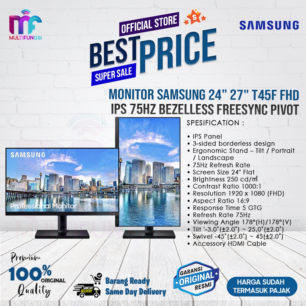 Monitor Samsung 24&quot; 27&quot; T45F FHD IPS 75Hz Bezelless FreeSync Pivot ( F24T450 | F27T450 )