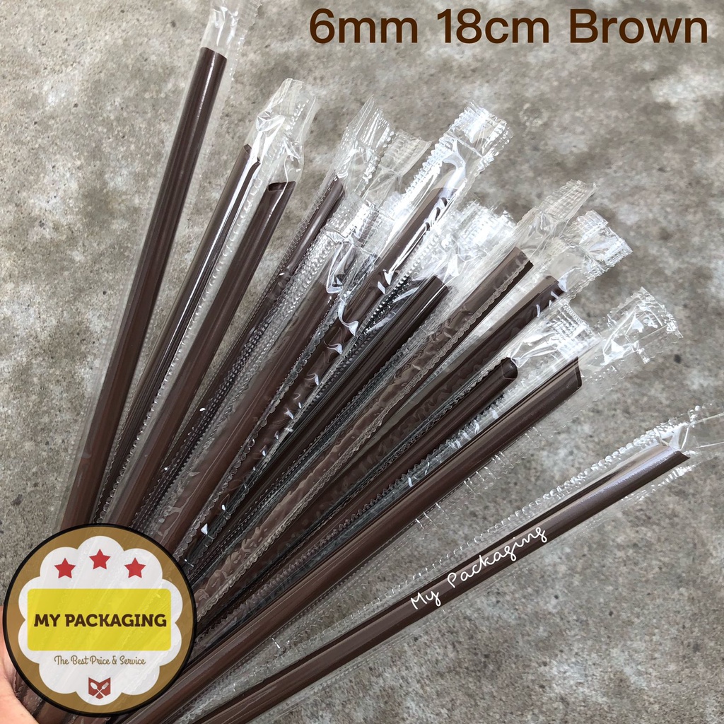 isi 250pcs Sedotan Plastik 6mm 18cm COKELAT / HIJAU Steril Bungkus Plastik Lurus Runcing 6mm  - Sterile Straw