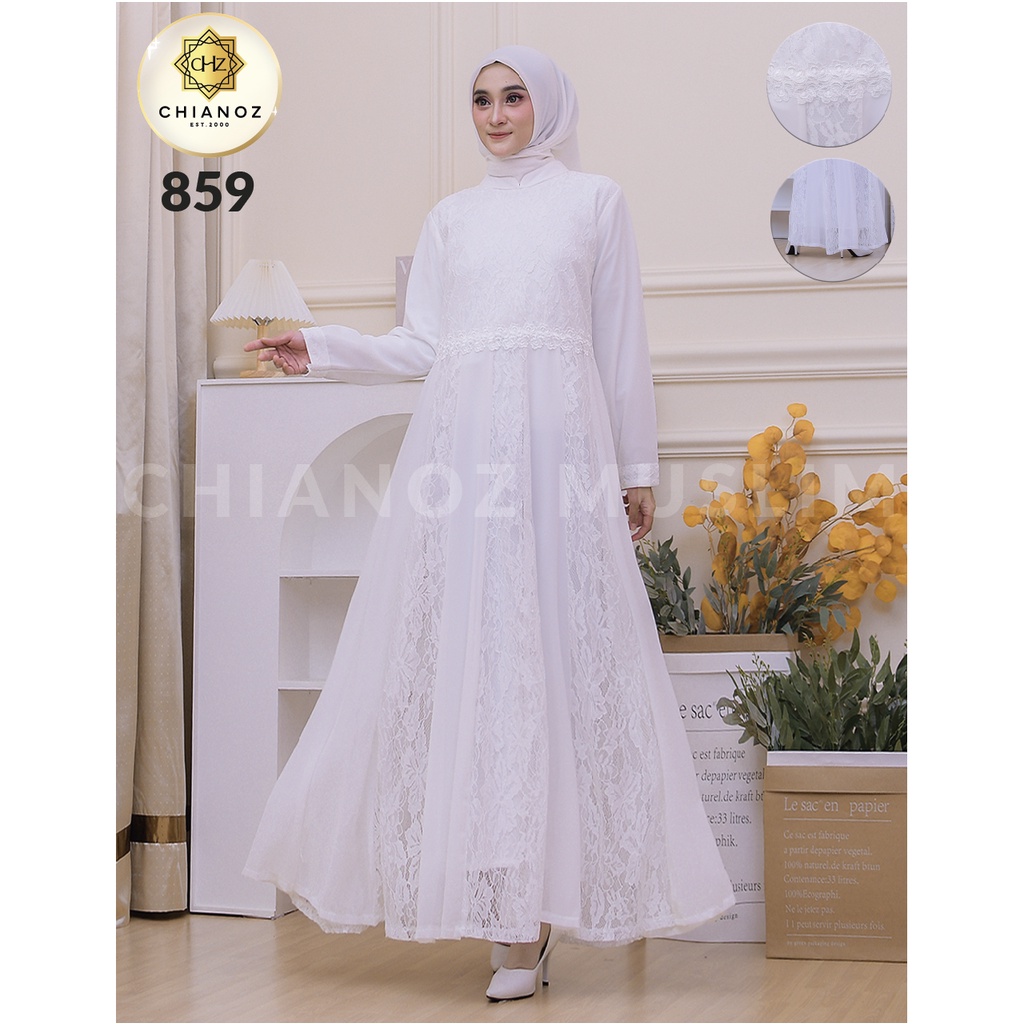 CHIANOZ Gamis Putih Mewah Anisa Dress Brukat Renda Baju Lebaran Umroh Haji Manasik Pesta Akad 859