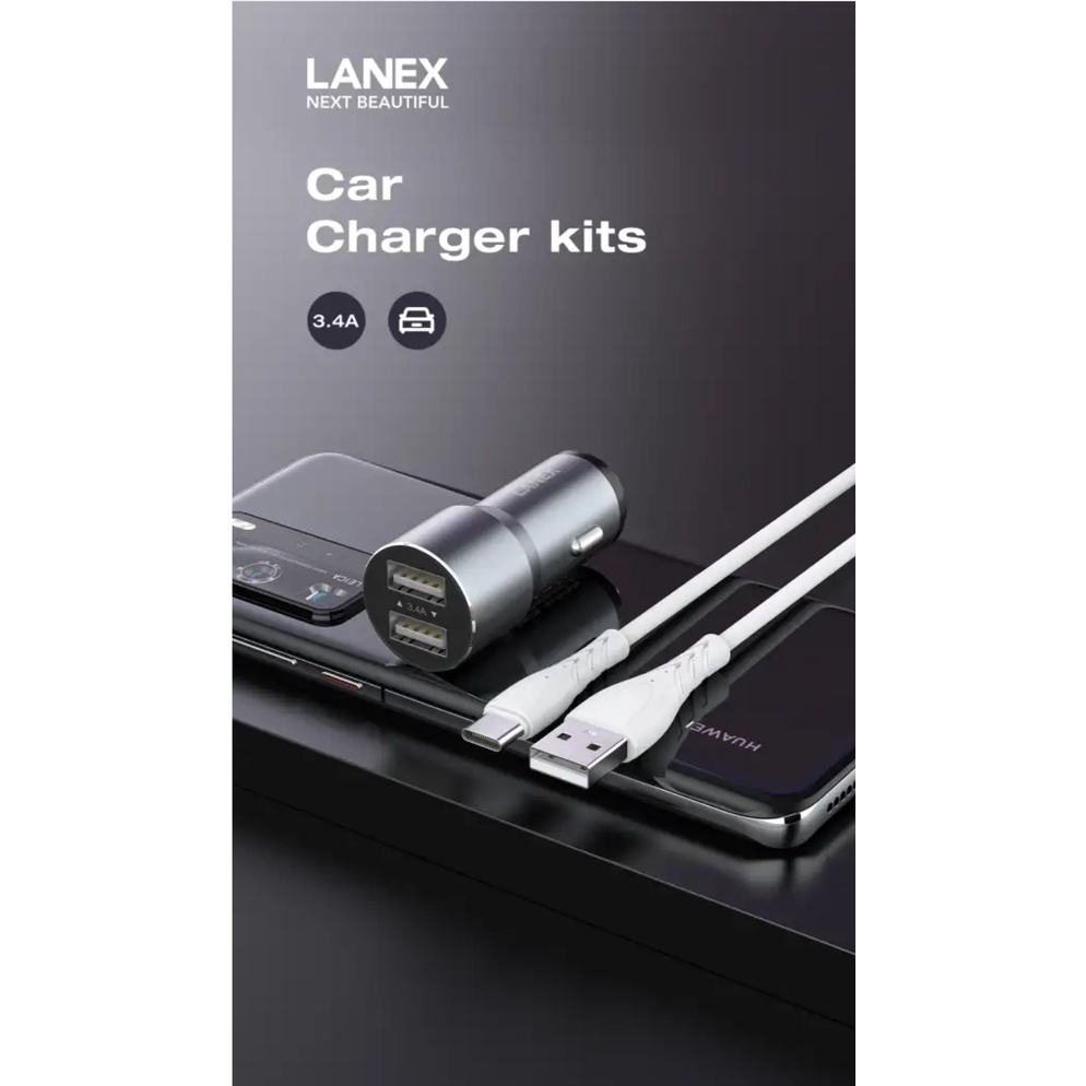 LANEX CAR CHARGER KITS CAS MOBIL 3.4A HIGH CURRENT FAST CHARGING + KABEL TIPE C 100CM