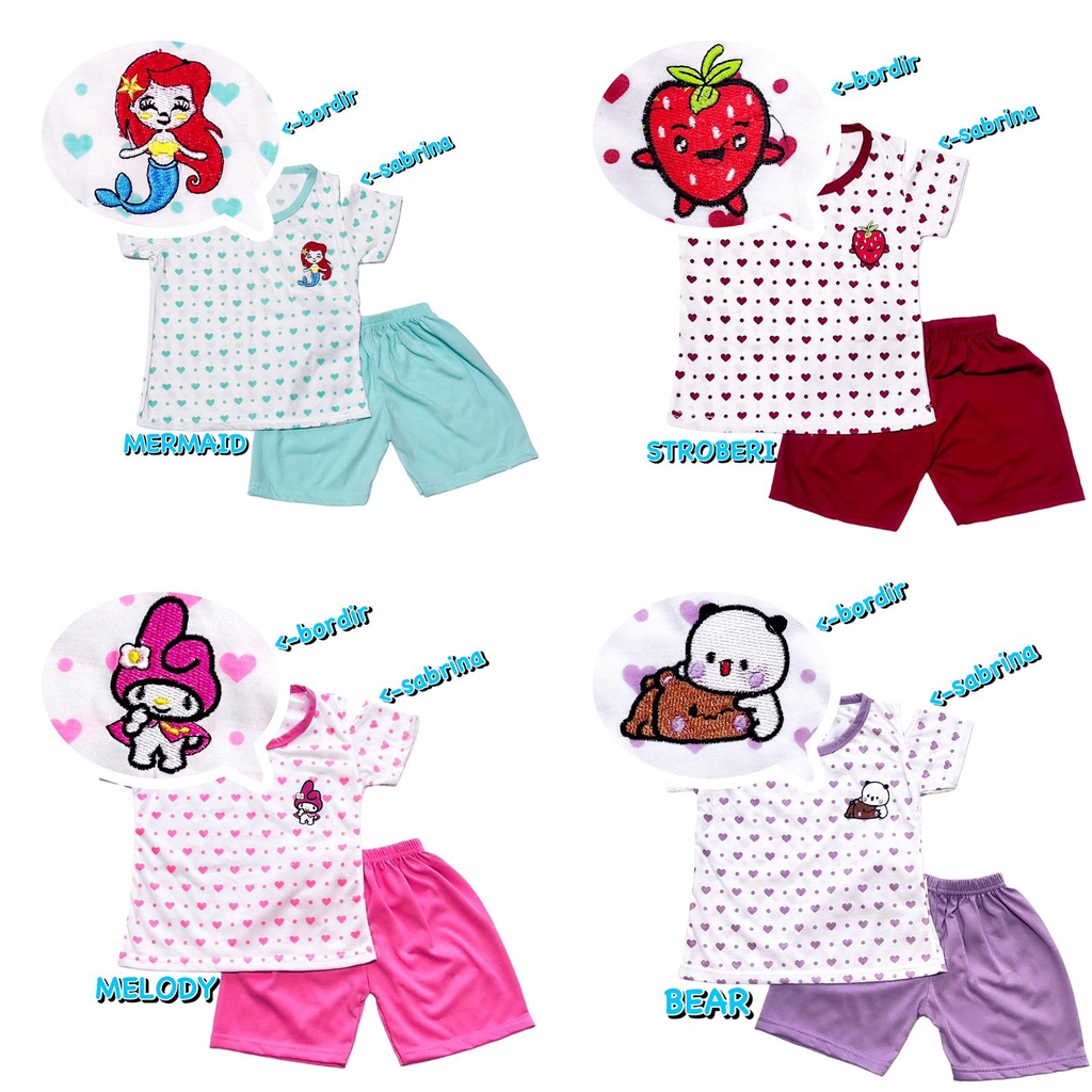 (1 KG MUAT 9 STEL) BAJU SETELAN PENDEK FASHION ATASAN CELANA SABRINA ANAK PEREMPUAN/CEWEK BAHAN KAOS KATUN BORDIR POLKADOT LOVE