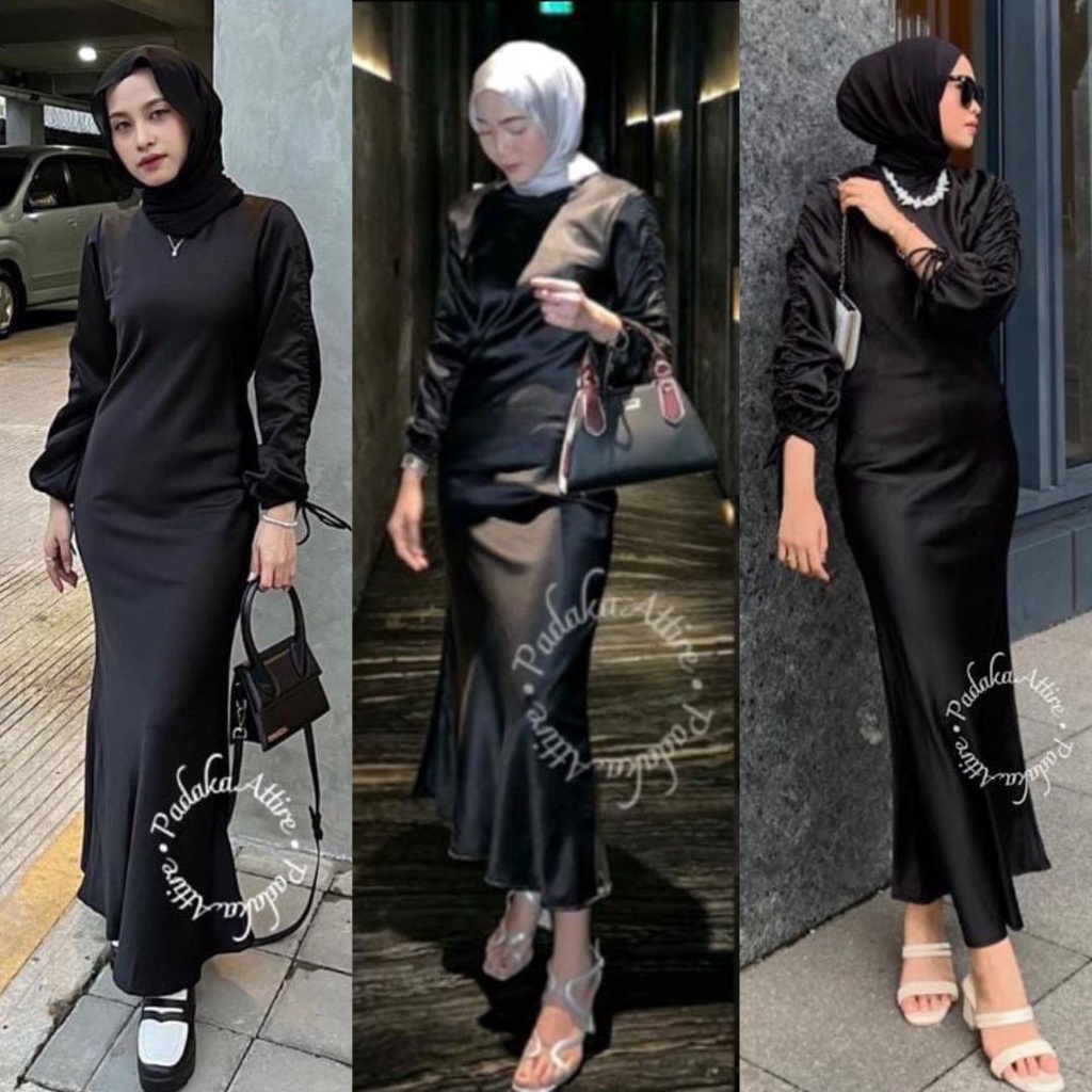 DARLA DRESS SERUT SATIN SILK PREMIUM GAMIS HITAM POLOS SIMPEL ELEGAN DRESS KONDANGAN MODEL TERBARU
