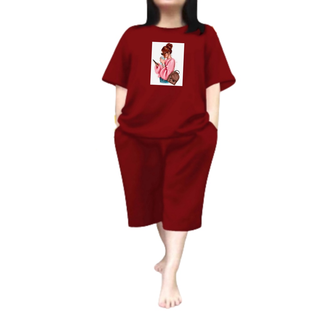 Baju Setelan Wanita Dewasa Jumbo Ld 115 Cm One Set Wanita Kaos dan Celana Pendek Oversize 3/4 Baju Setelan Cewek Dewasa Terbaru 2023 Kekinian Stelan Wanita  Dewasa Viral Set kopi hp