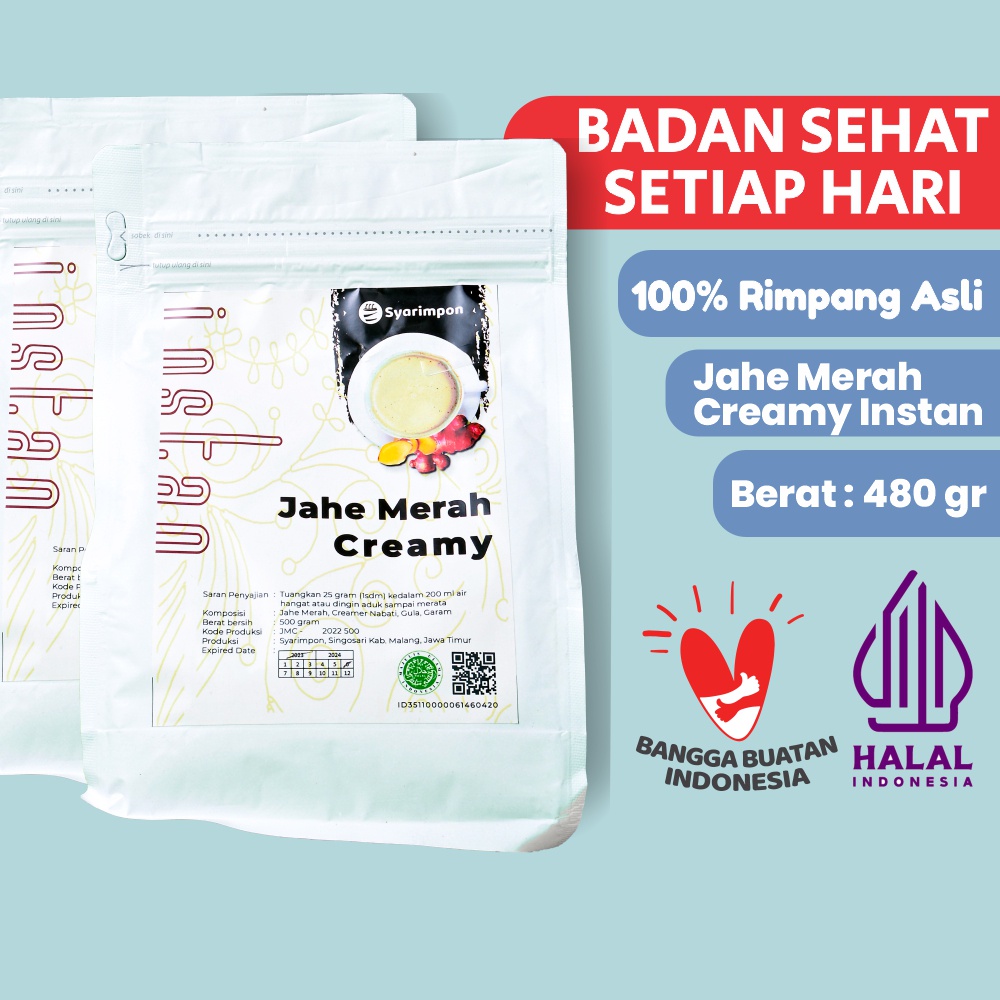 

Jahe Merah Creamy Bubuk Instan Syarimpon 500 gram Halal Enak Untuk Segala Usia Berkualitas