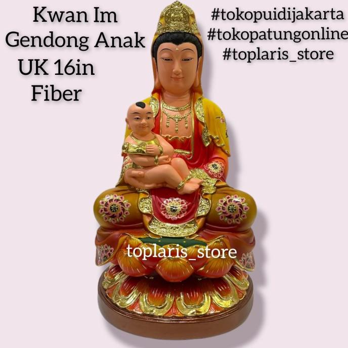 Patung Kwan Im Gendong Anak Fiber 16in
