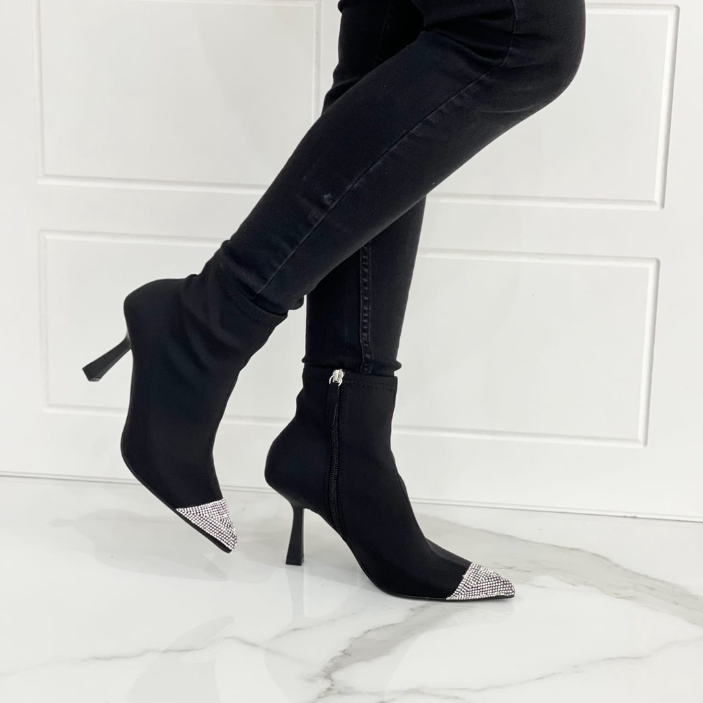 SEPATU WANITA ZS-3881 HIGH HEEL ANKLE BOOTS WITH RHINESTONE TOECAP HEELS 9.5CM