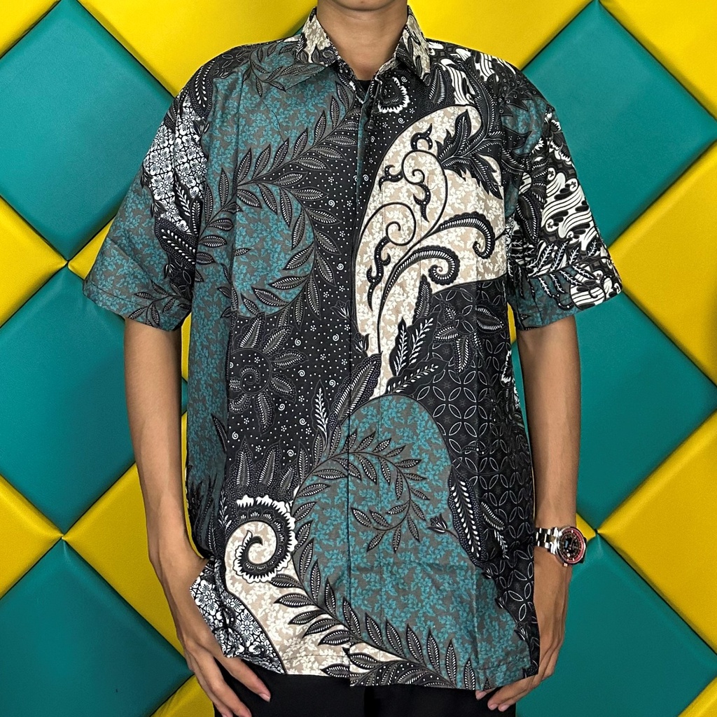 Batik Pria Lengan Pendek Premium BATIK AZMIL HRB026 motif KERATONAN Kode 002 size M L XL XXL