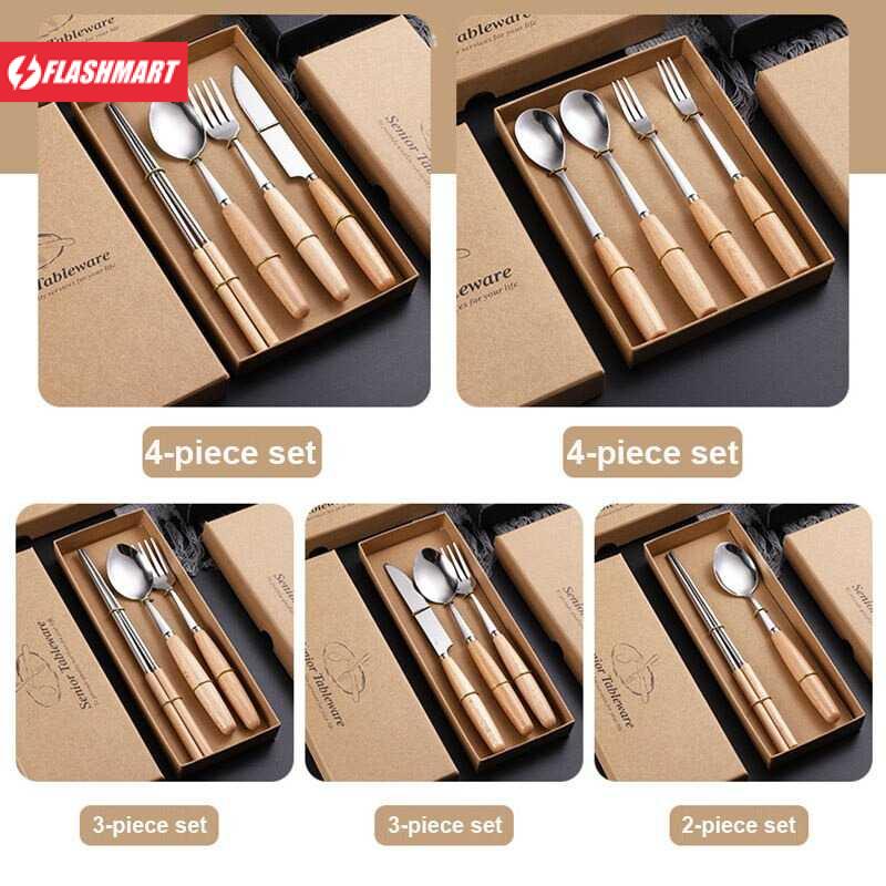 Flashmart Set Perlengkapan Makan Sendok Garpu Pisau Sumpit Wooden Handle - KA2020