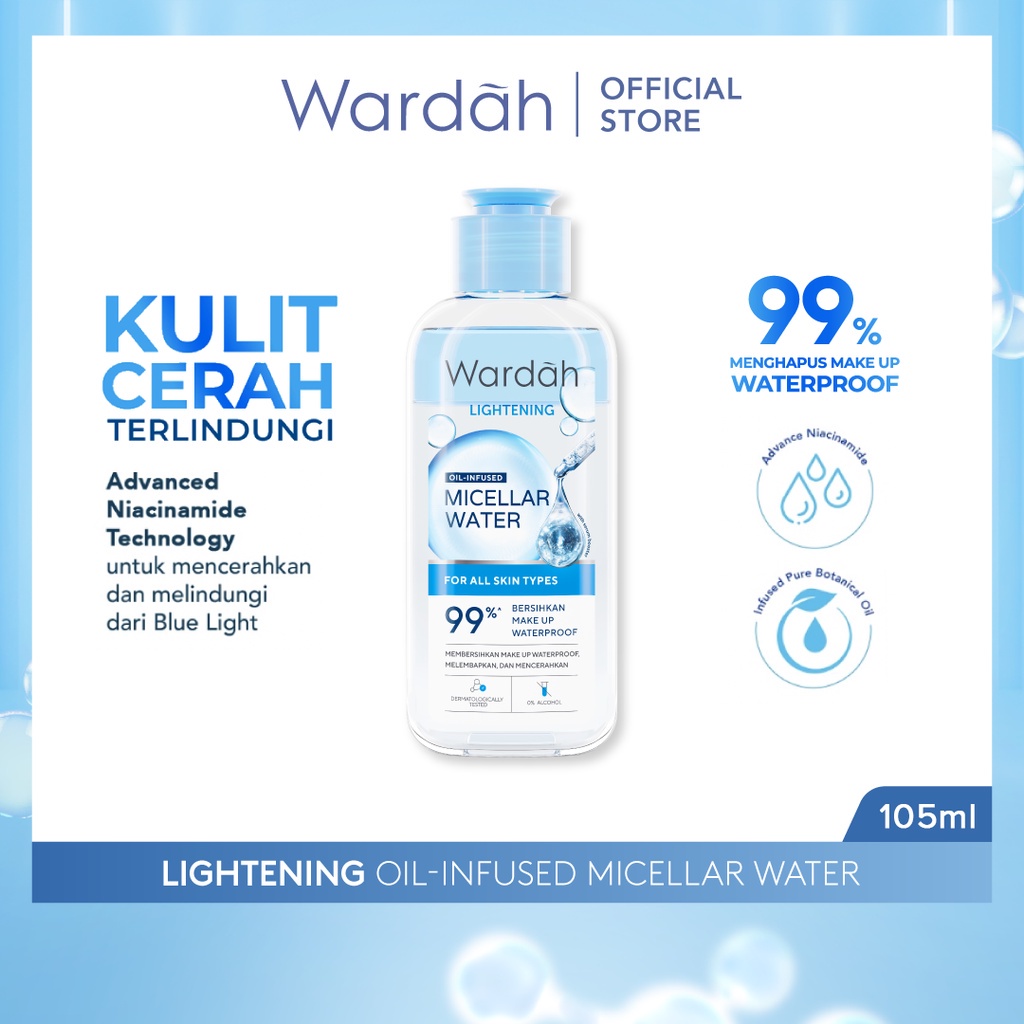 WARDAH Lightening Oil-Infused Micellar Water Indonesia / Pembersih Wajah 55ml 105ml / For All Skin Types / 99% Bersihkan Make Up Waterproof Melembabkan Mencerahkan / Facial Wash Foam Cleanser Cleansing Sabun Cuci Muka Bersih / Skincare Face Care Series