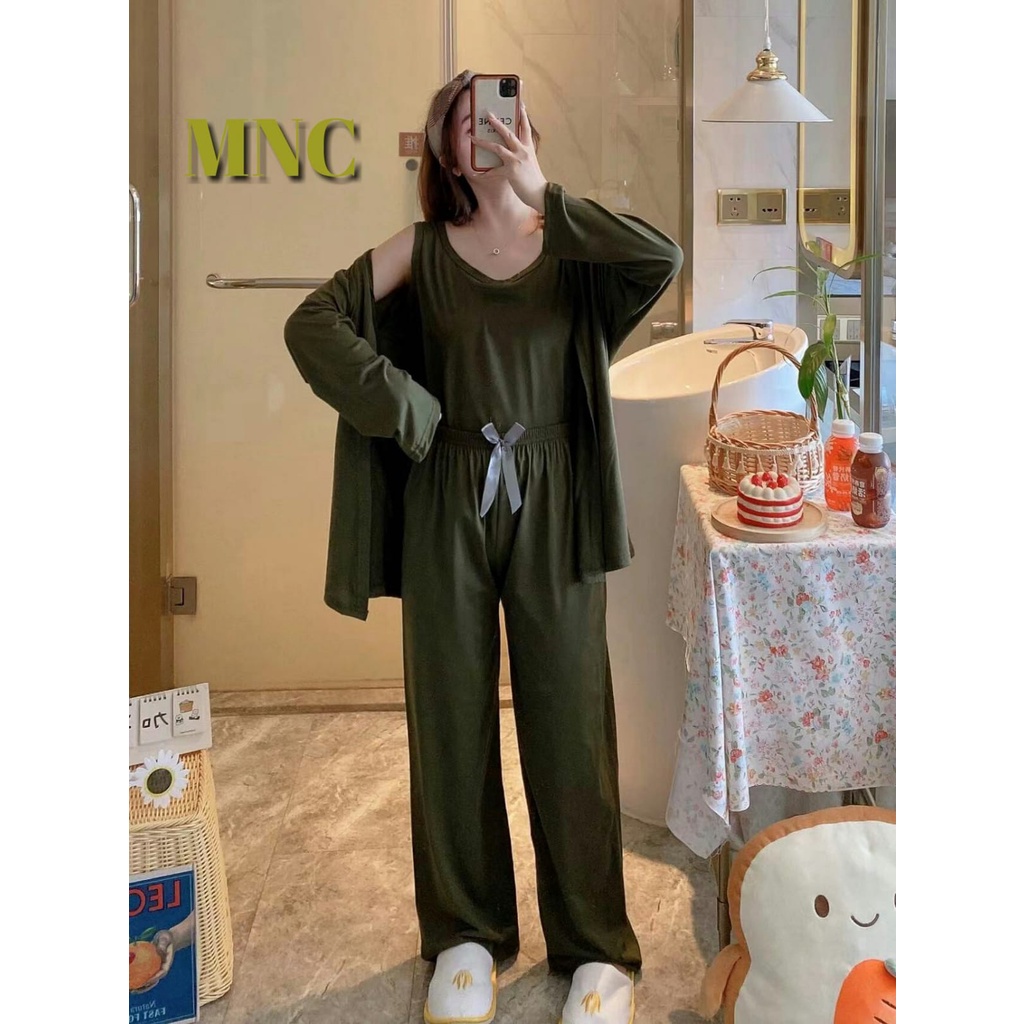 Set Baju tidur wanita Piyama 3in1 wanita baju tidur import spandek polos oversize