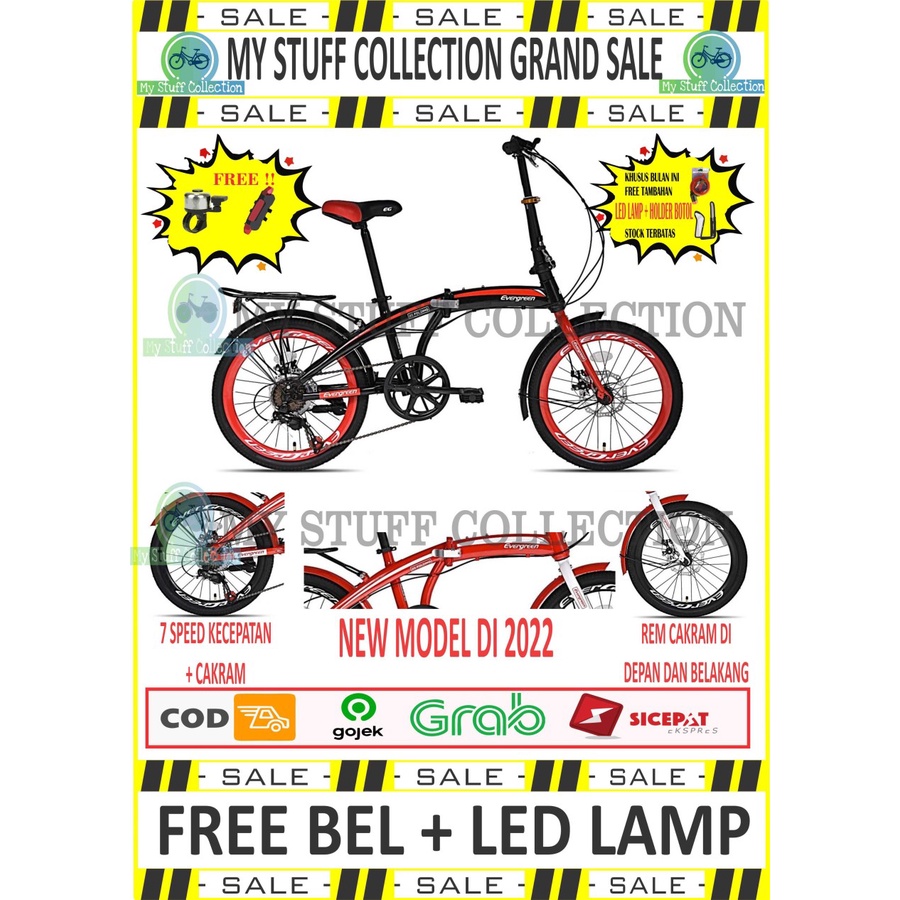 SEPEDA LIPAT EVERGREEN UKURAN 20 INCH 7 SPEED DB KHUSUS PENGIRIMAN JNE - Hitam