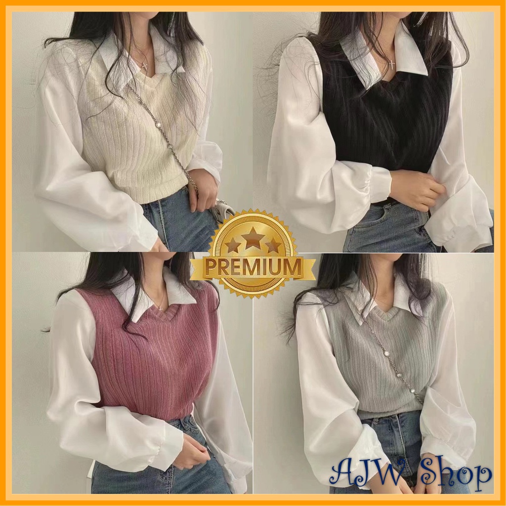 AJWShop XC Atasan Rajut Wanita Kerah Polo Lengan Panjang Korea Style Polos Premium Import | Kaos Lengan Panjang Rajut Premium Kerja Kantor Import | Baju Rajut Polo Knit Import Premium Lengan Panjang | Atasan Wanita Korean Style Kampus Kantoran Basic