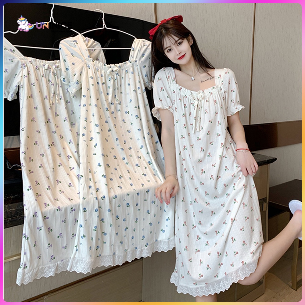 UNINICE INS Baju Tidur Longgar Lengan Pendek, Renda Manis dan Motif Bunga Kecil