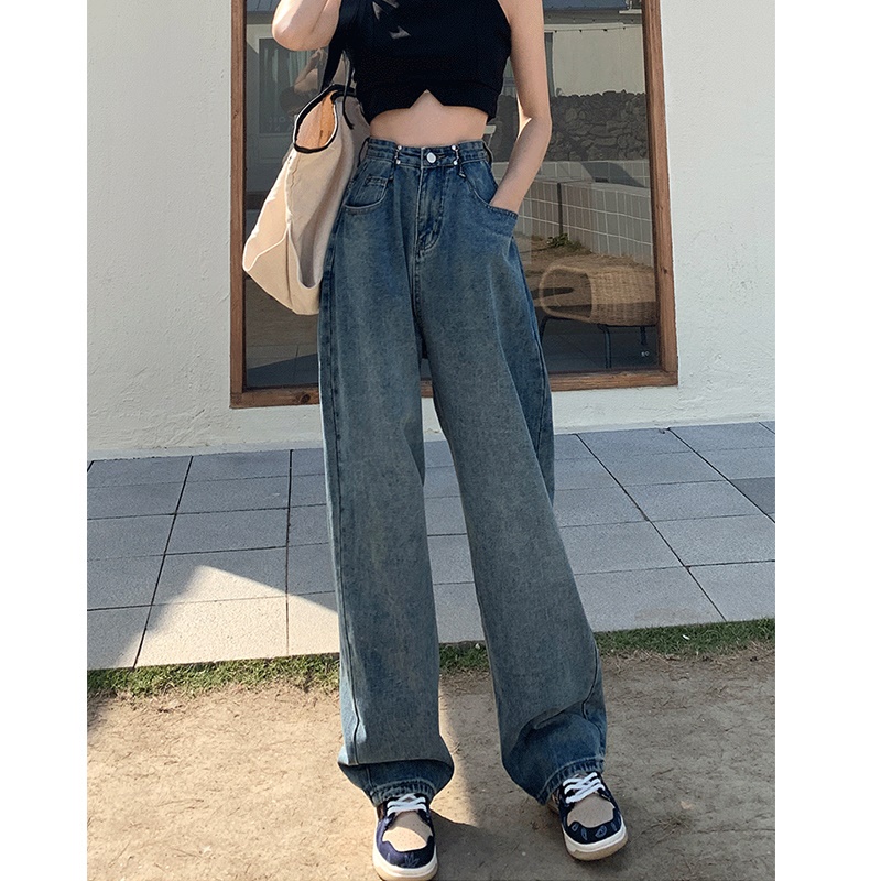 EUNII Celana Jeans Wanita Boyfriend Celana Panjang Jeans Loose High Waist Korean style