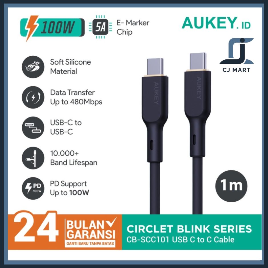 Kabel Charger Aukey CB-SCC101 USB C to C 1M Soft Silicone 100W