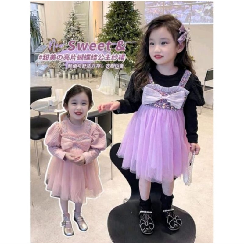 Dress Anak Import Premium Lengan Panjang Aplikasi Pita Dress Baby Tutu tile DRESS  Import