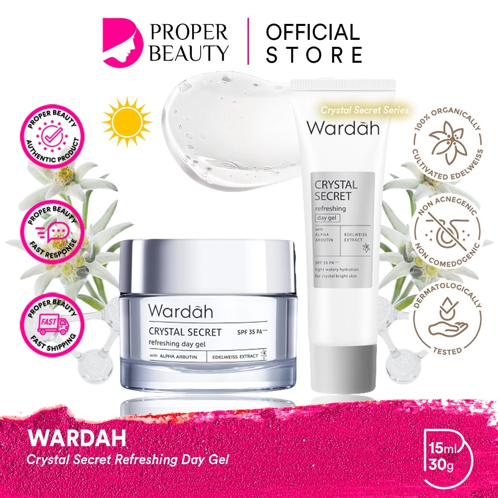 WARDAH Crystal Secret Refreshing Day Gel Indonesia / Pelembab Wajah 15ml 30g / SPF 35 PA+++ / With Alpha Arbutin Edelweiss Extract / Light Watery Hydration For Crystal Bright Skin / Moisturizer Kulit / Skincare Face Care Series / Pagi Malam Night Krim