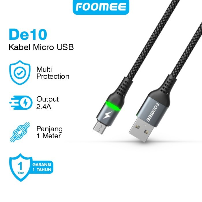 Foomee DE10 Kabel Data Micro USB Braided 2.4A LED ORIGINAL FOOMEE