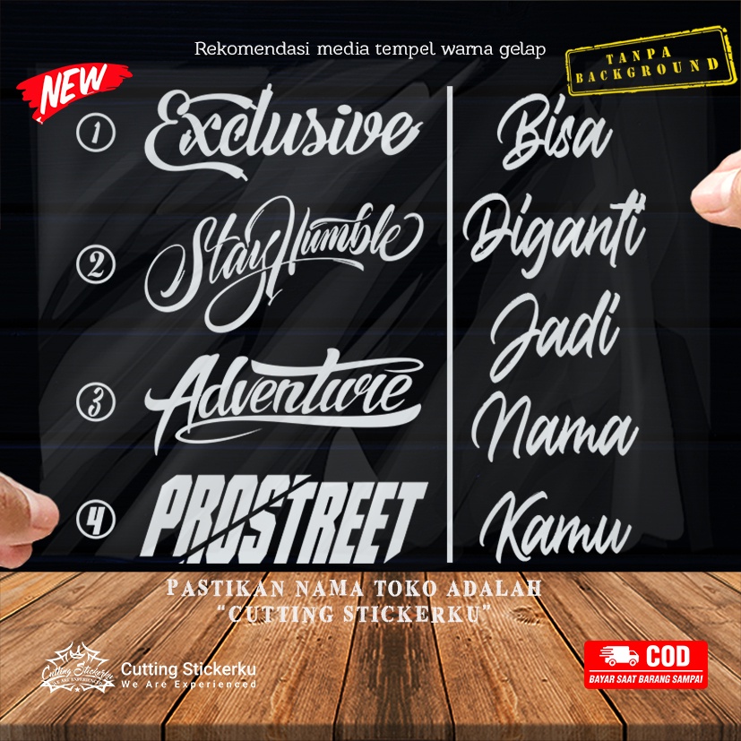 Cutting Stiker Ganti Nama Typography Custom Variasi Motor Mobil Sticker Timbul Keren Nyala Spakbor Visor Body Kaca Helm Laptop Hologram Reflective Tahan Air Bodi Samping Ok Look Vario Beat Nmax Pcx Windshield Kustom Modif