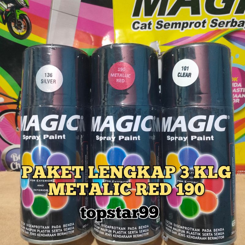 Pilok Pilox Cat Semprot Magic Paket Lengkap 3 Kaleng 300cc Paketan Merah Metalik Metalic Red 190 Silver 136 Clear Pernis Glossy Mengkilap 101 Spray Paint