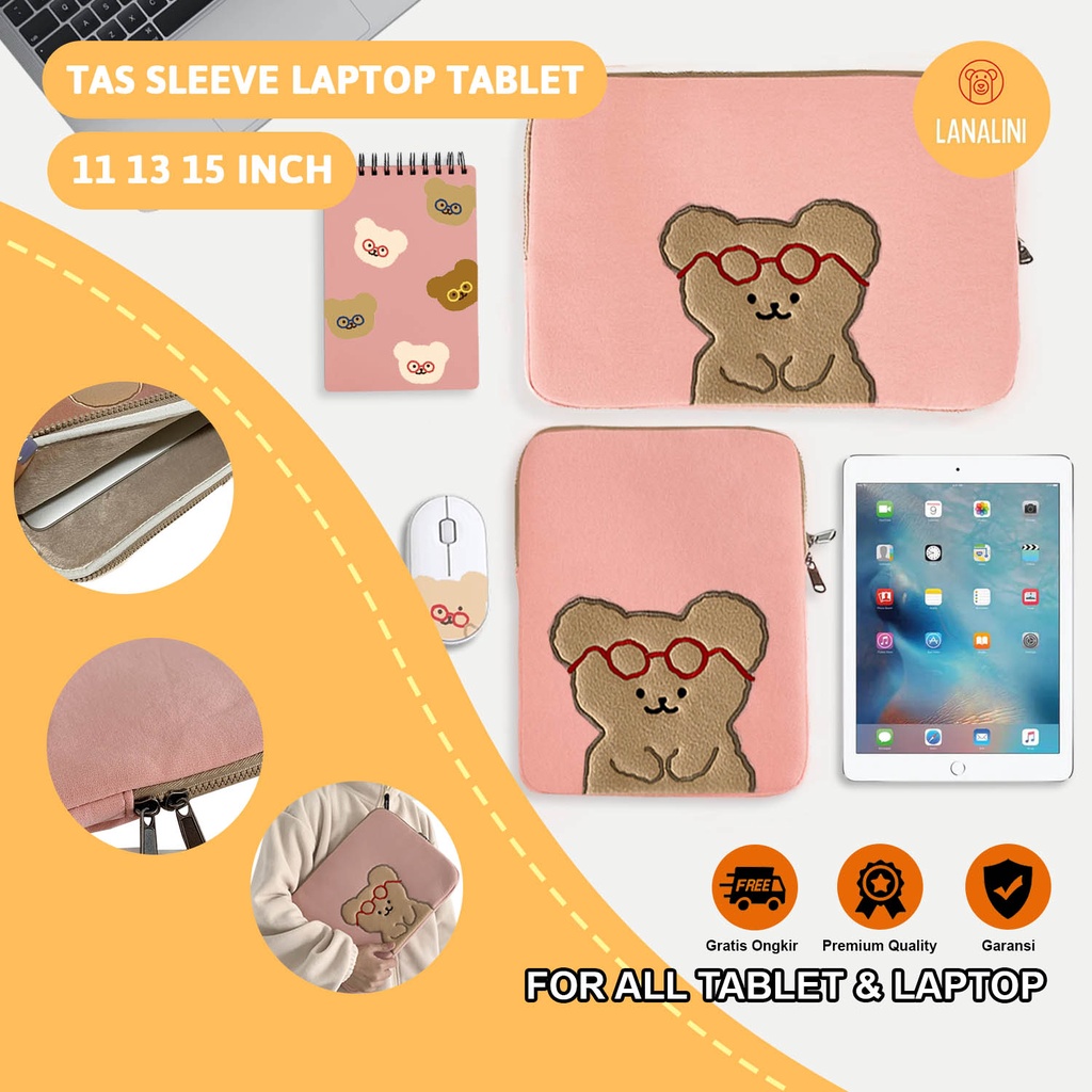 Sleeve Pouch Sarung Tas Bag Case Ipad Tab Tablet Macbook Air Pro Laptop Asus Acer Lenovo HP Huawei 11 12 13 14 15 inch Motif Gambar Beruang Bear Warna Pink Lucu Cute Murah Korean Model