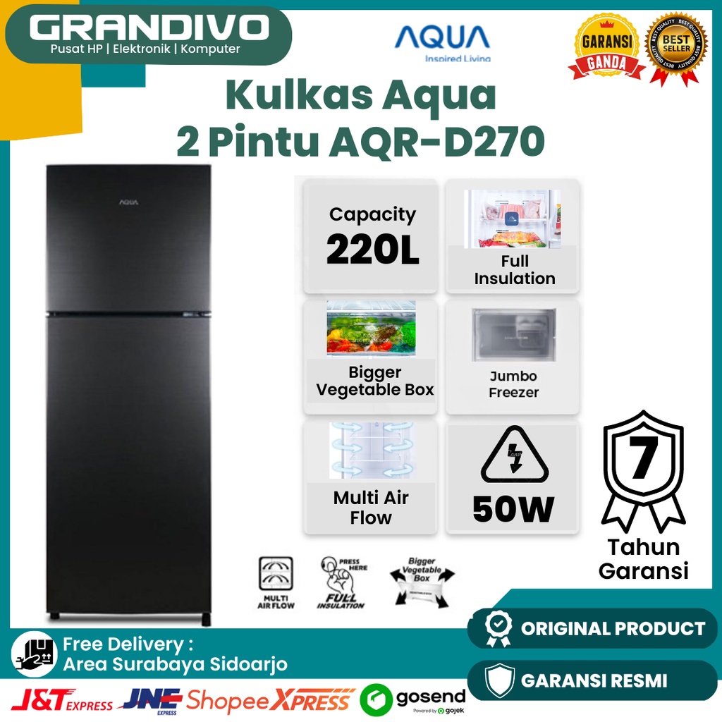 Kulkas Aqua 2 Pintu 220 Liter AQR D270 Low Watt Garansi Resmi Aqua - Grandivo