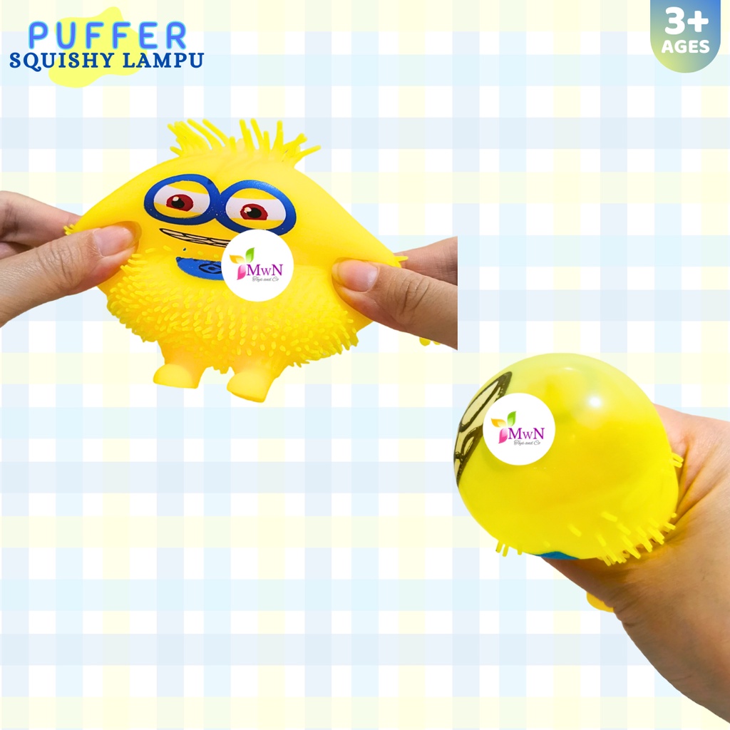 MWN Mainan Squishy Puffer Ball Minnioon Ada Lampu / Anti Stress