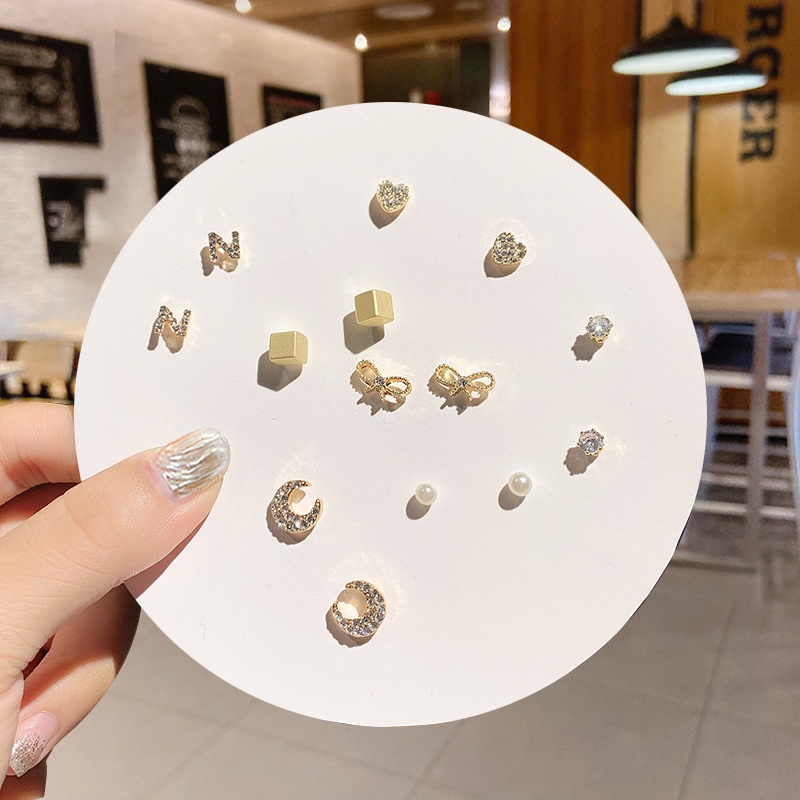 7 Pcs Fashion Sederhana Kecil Lady Stud Earrings Klasik Mutiara Bunga Stud Earrings