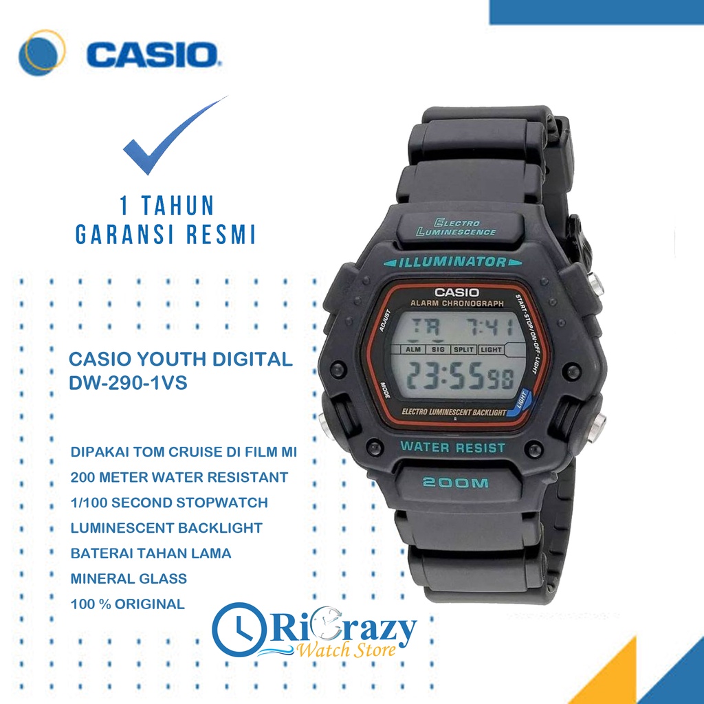 [ PROMO ] Jam Tangan Casio DW-290-1VS / DW 290 / DW-290-1V 200M Mission Imposibble Water Resistant -