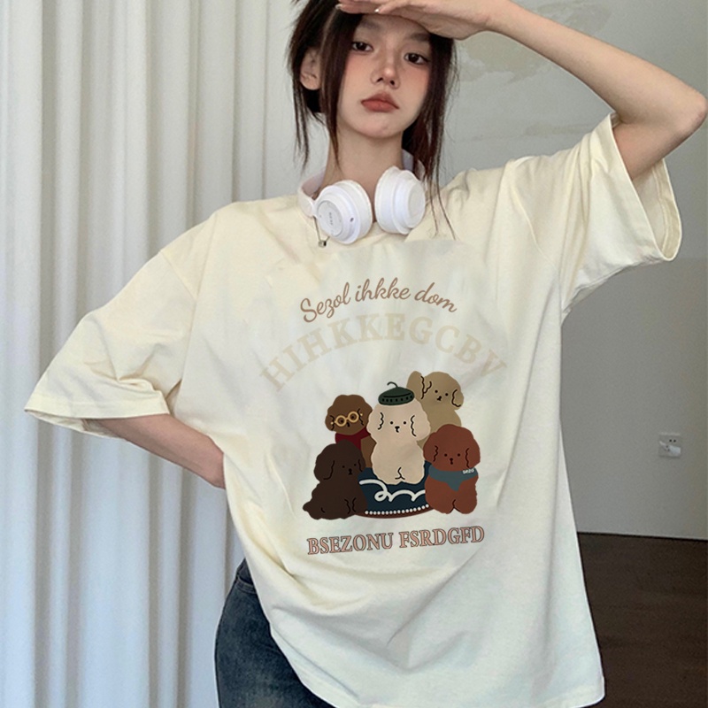 [3 Warna]Print T-shirt Kaos Lengan Pendek Cute Cream Bear Baju Wanita Oversize Korean Style