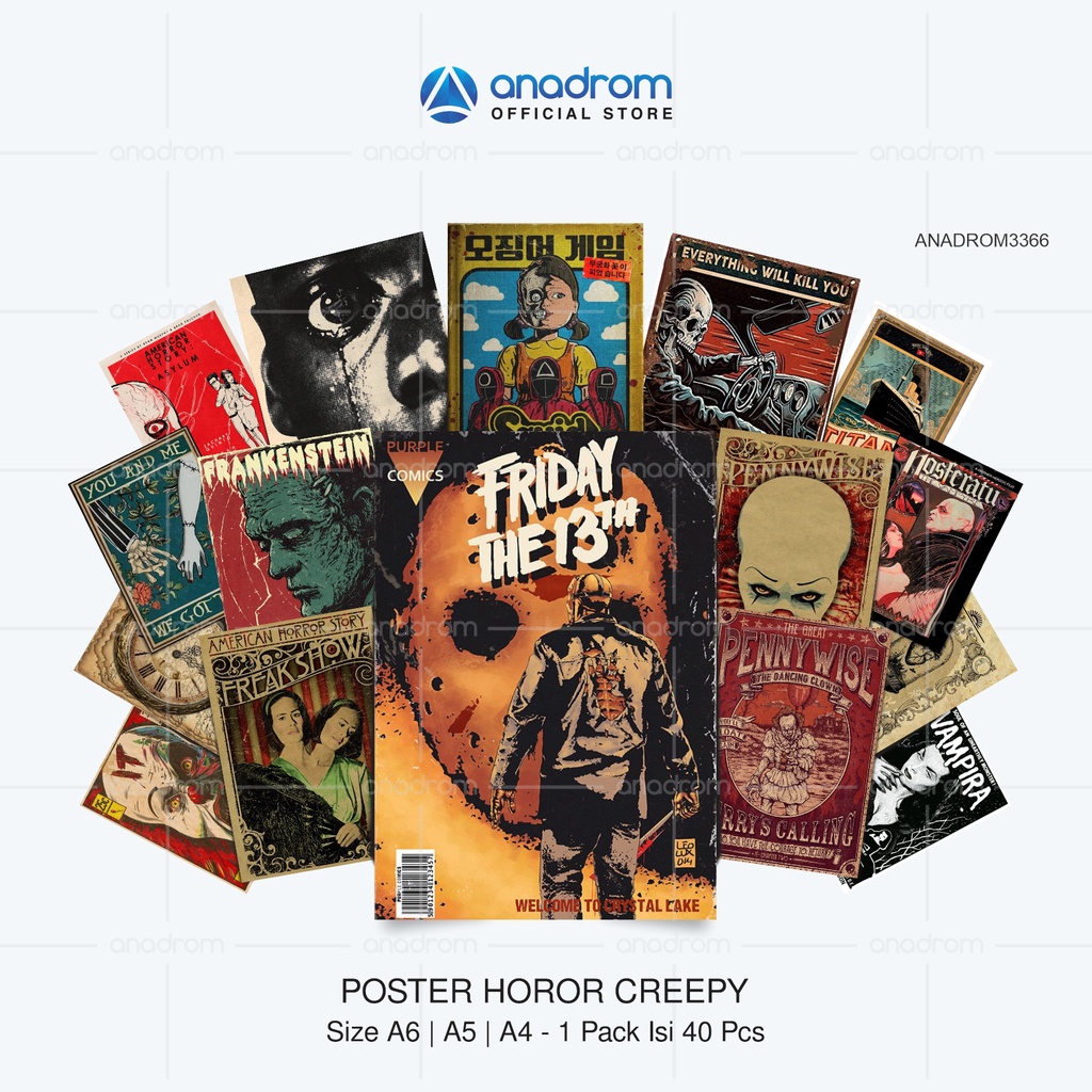 

Poster Hororr Creepy | Poster Hallowen Size A4 - A5 - A6 | Wallposter 1 Pack Isi 40 Pcs | 3366