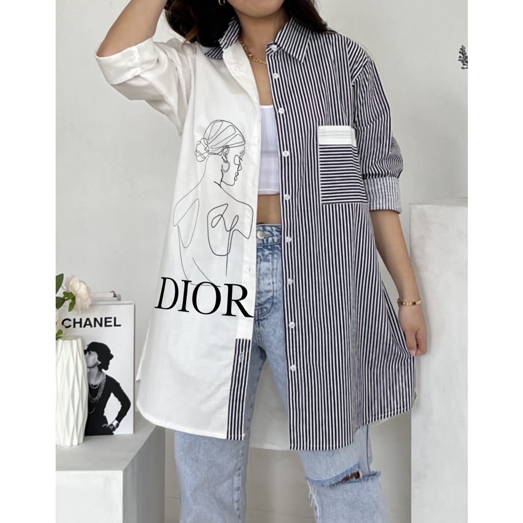STYLEFITS | Kemeja / Tunik Wanita Motif Garis Sablon Dior Bahan Poplin Premium