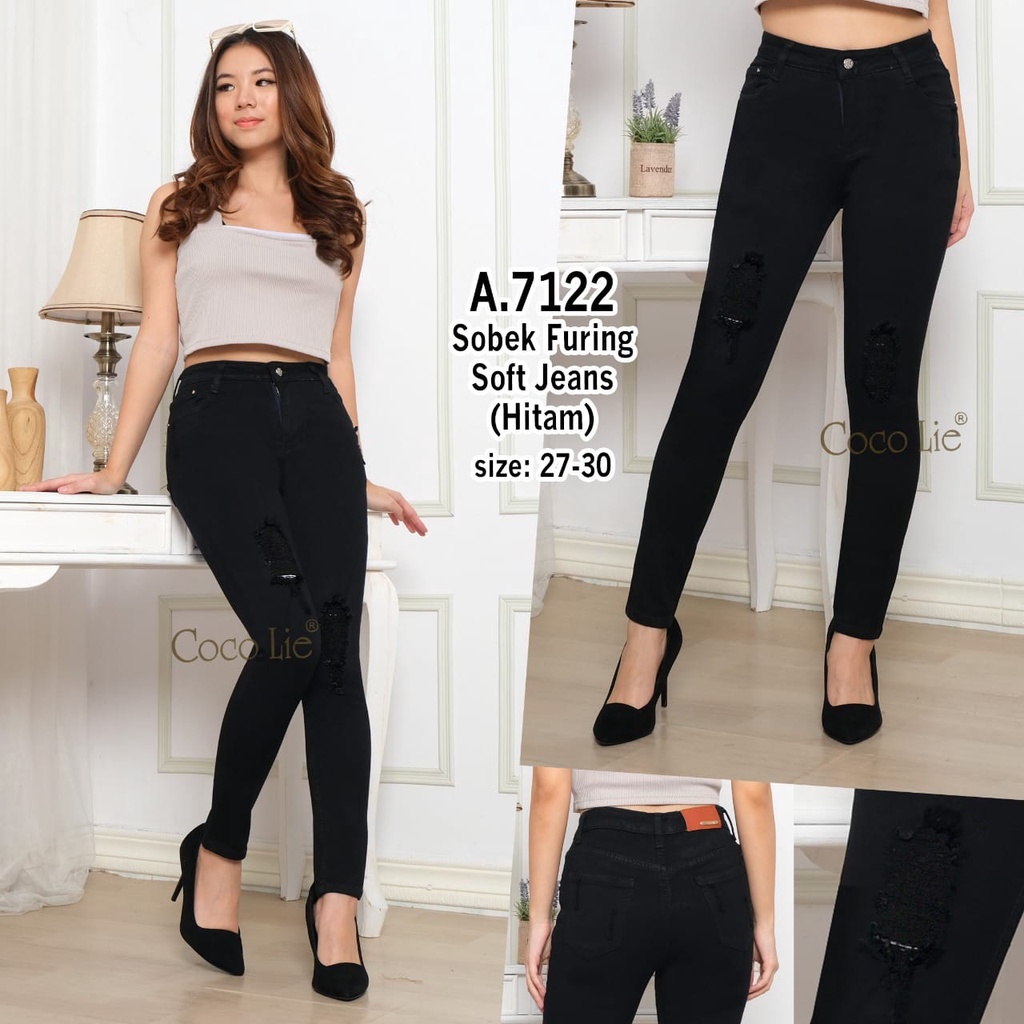 A.7122 -CELANA JEANS PREMIUM SOBEK FURING SOFT JEANS HITAM