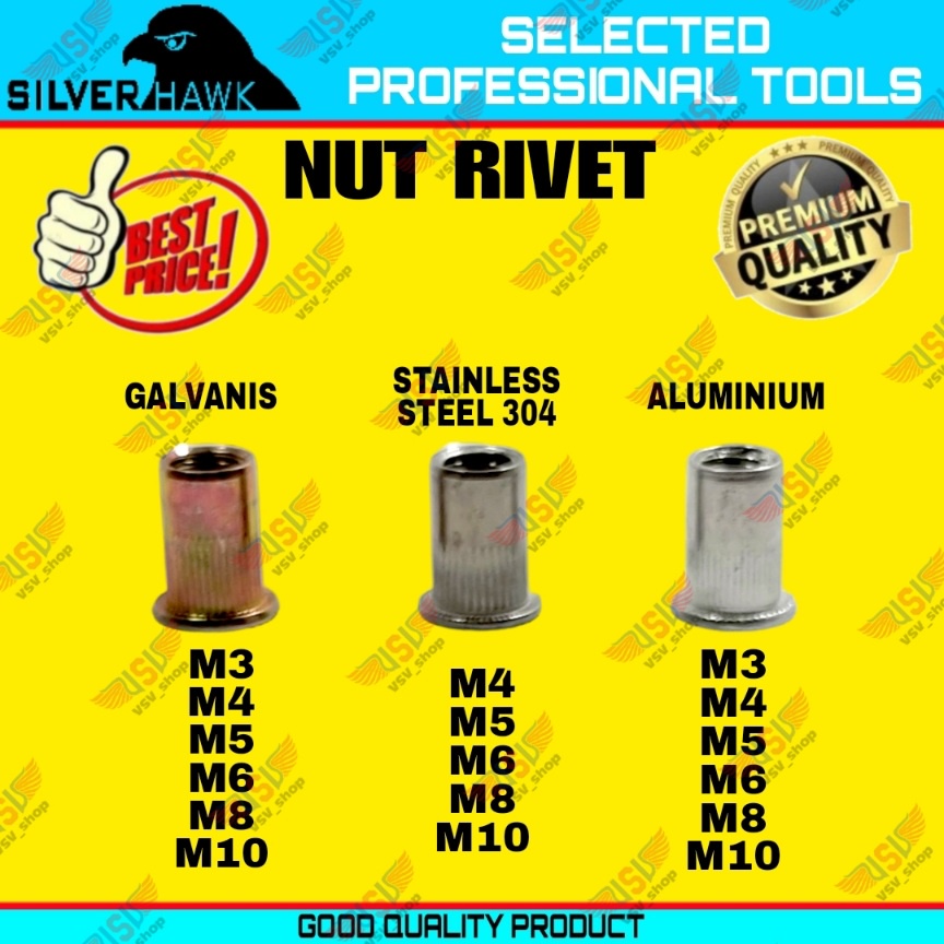 Rivet Nut M8 GALVANIS/STAINLESS STEEL/ALUMINIUM Mur Rivet Tanam Rifnut Nutsert