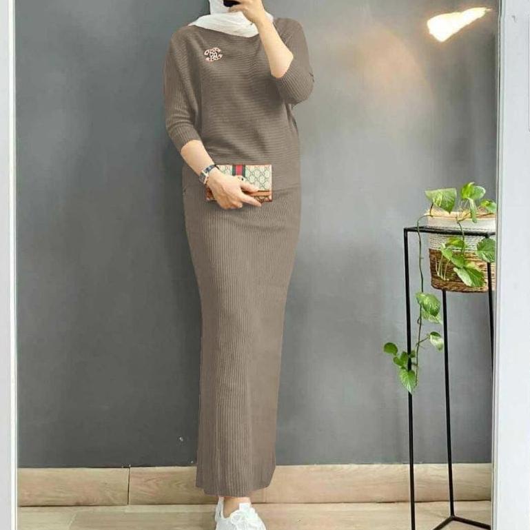 STOK TERBARU One Set |Stelan Rajut Wanita /BATWING + ROK RAJUT SPAN /Atasan Dan Bawahan Rajut Wanita