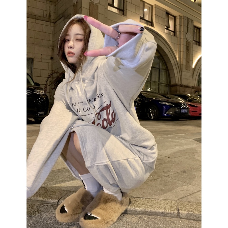 Red kumikumi casual lazy wind letter print hooded sweater dress women s winter plus velvet skirt over the knee dress