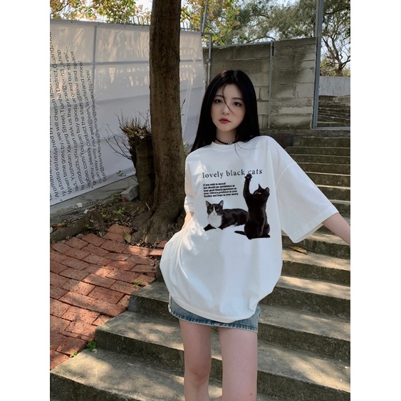 EUNII T-shirt Lengan Pendek Retro Black Cats Korean Style/Kaos Atasan Wanita/Baju Kaus Oversize Wanita/Kaos Wanita