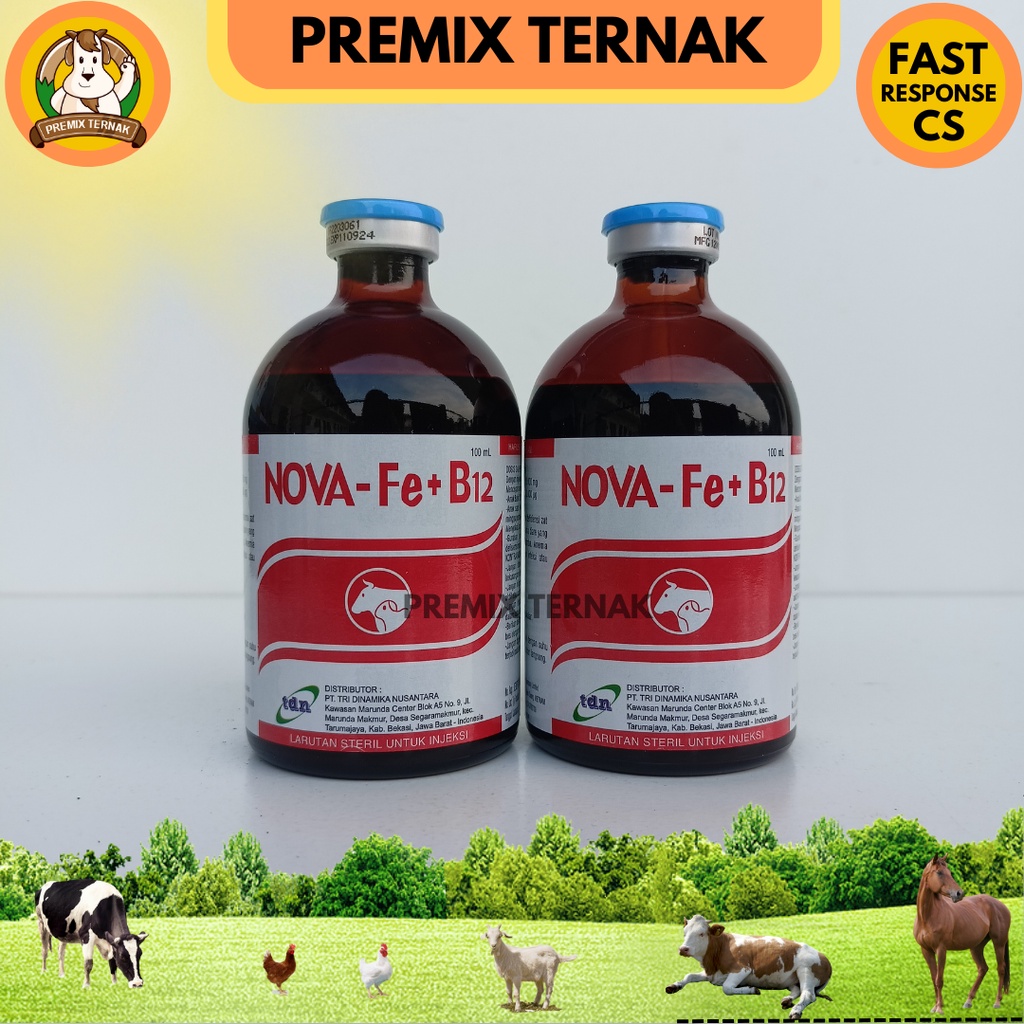 NOVA Fe + B12 (Anti Anemia) Inj 100ml - Vitamin B12 dan Zat besi untuk hewan Sapi Babi Kambing - Anti Anemia hewan - Like ferdex plus