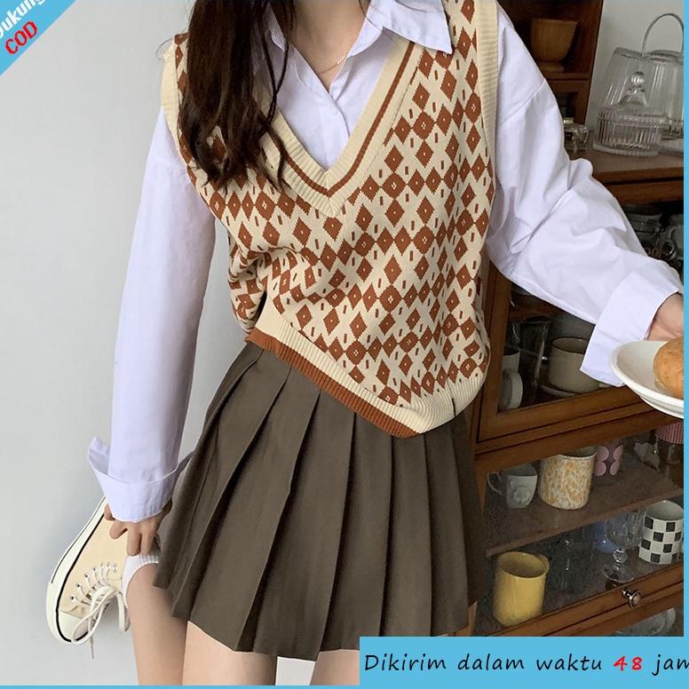 PALING LARIS [Diskon Terbesar]Korea Tanpa lengan longgar v-neck Rompi kisi sweater rajutan rompi out