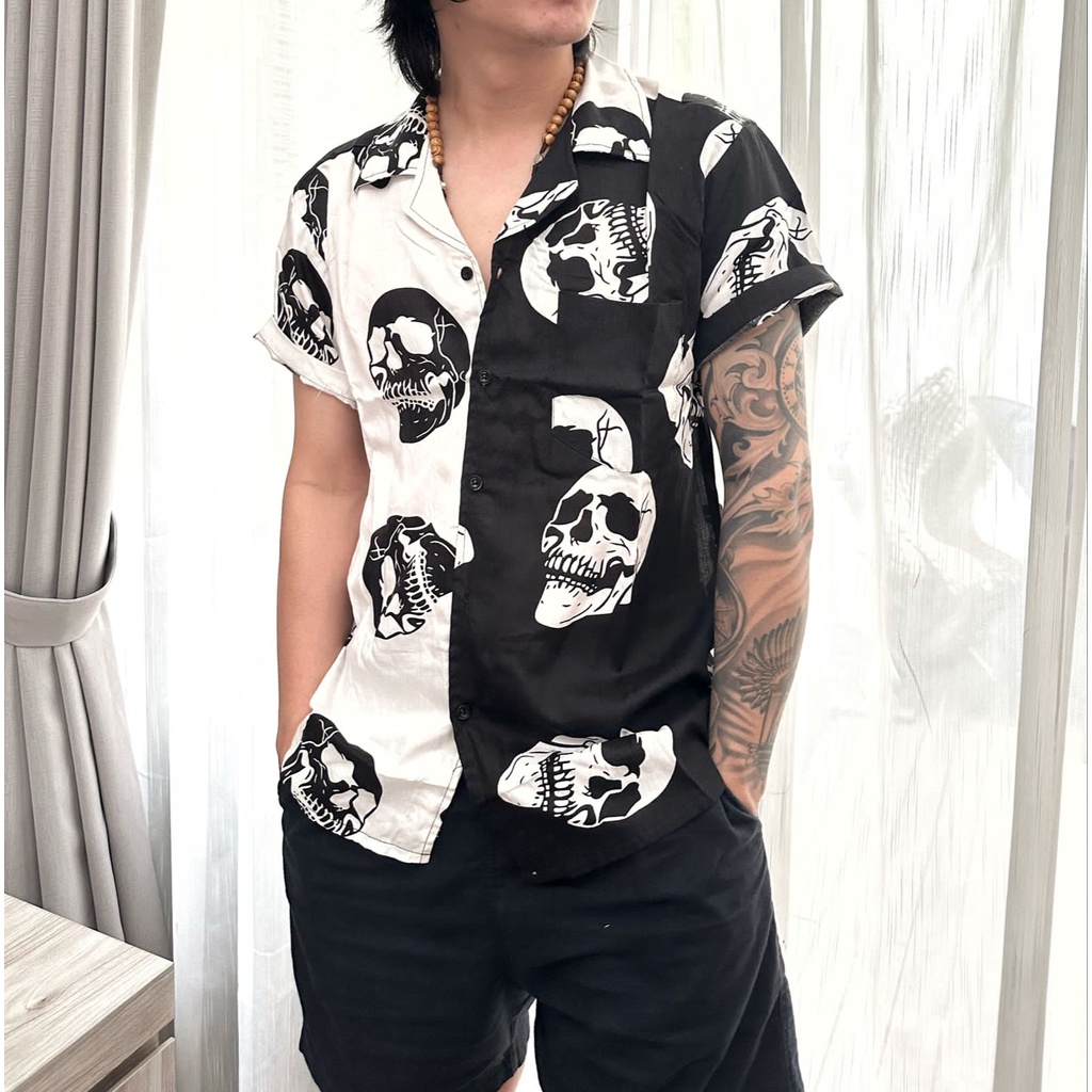 kemeja distro kemeja pria SKULL bahan amarilo ready size M L XL