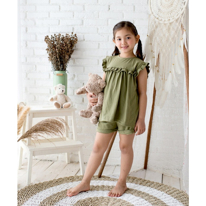 Kotonville Eri Set Olive 1-8 Tahun Setelan Piyama Pendek Ruffle Anak Perempuan CBKS