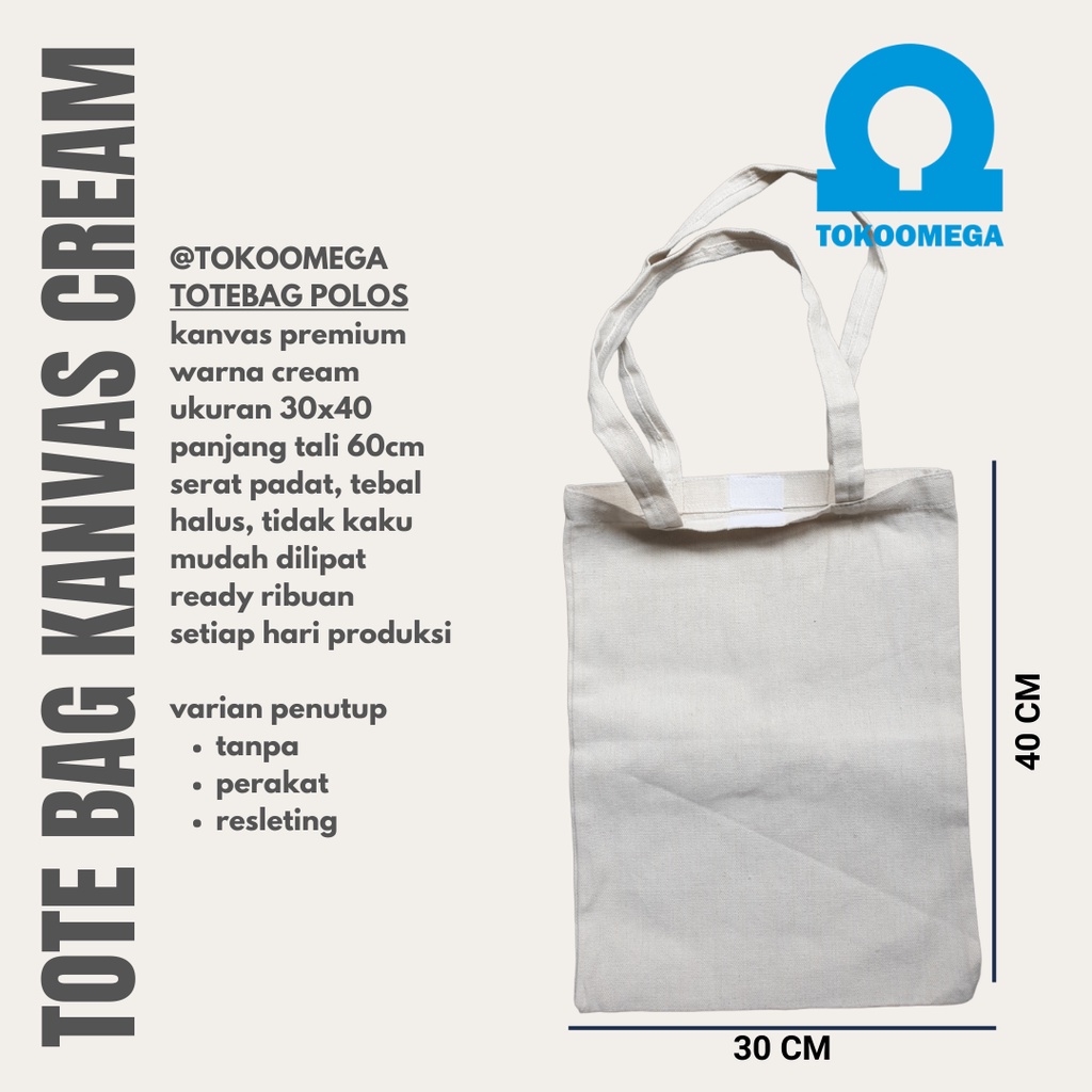 Totebag Custom Canvas Cream Dan Tas Tote Bag Polos 30x40 Tas Kuliah Wanita Dan Pria, Tote Bag Resleting Kanvas Tebal