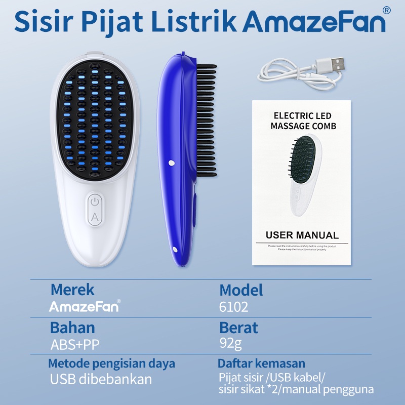 AmazeFan sisir rambut Anti Rontok Sisir Anti Kusut dan Ketombe Sisir Laser hair brush Sisir Pijat Listrik red&amp;blue light sisir rambut Menguatkan folikel Sisir Pijat Kulit Kepala anti kusut dan rontok EMS Sisir Pijat Getar Sikat sisir anti rontok