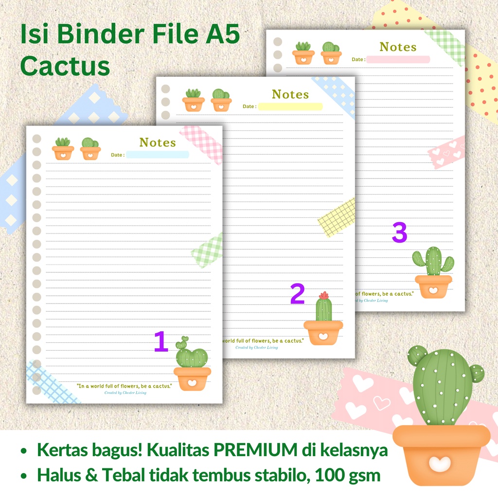 

CACTUS - Loose Leaf Kertas Isi File Binder A5 dan B5 / Refill Map Binder Kaktus / Line Grid Dotted Blank / CHESTER LIVING