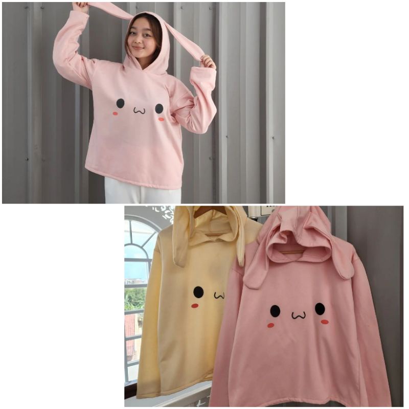 hello bunny long ear hoodie/sweater kuping kelinci lucu gemas/sweater bunny pink/sweater bunny kelin