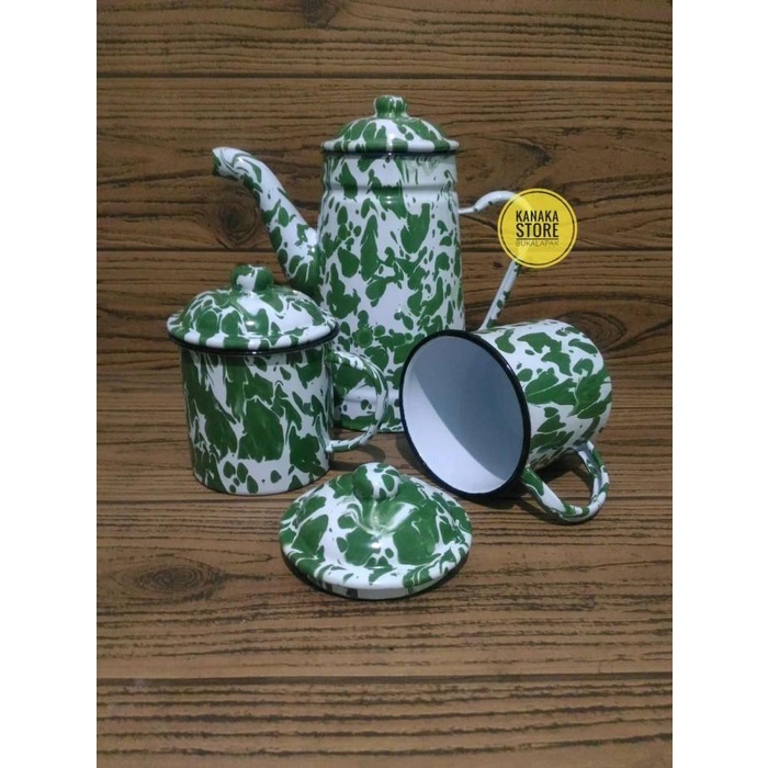 Set Teko & Cangkir Mug Gelas Blirik Blurik Lurik Enamel Seng Jadul