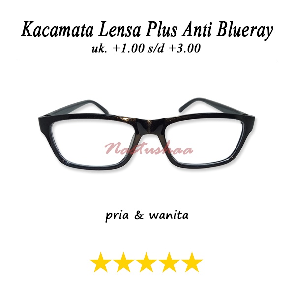 Kacamata baca plus (+) lensa blueray +100 s/d +300 kacamata rabun dekat anti radiasi pria dan wanita frame kotak hitam unisex FREECASE