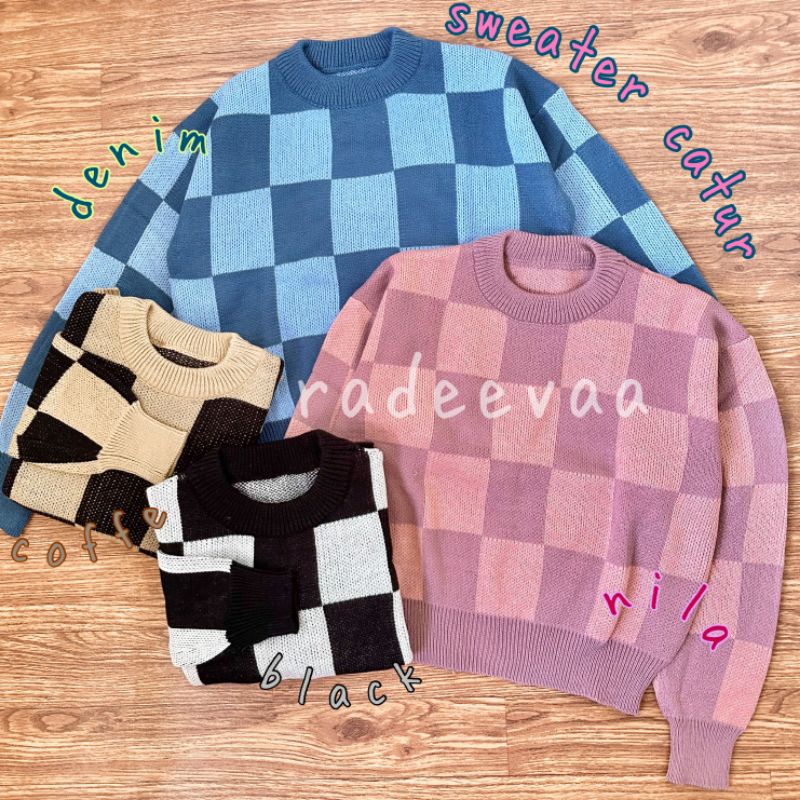 SWEATER CATUR CHECKERBOARD CROP OVERSIZE ATASAN RAJUT WANITA TEBAL